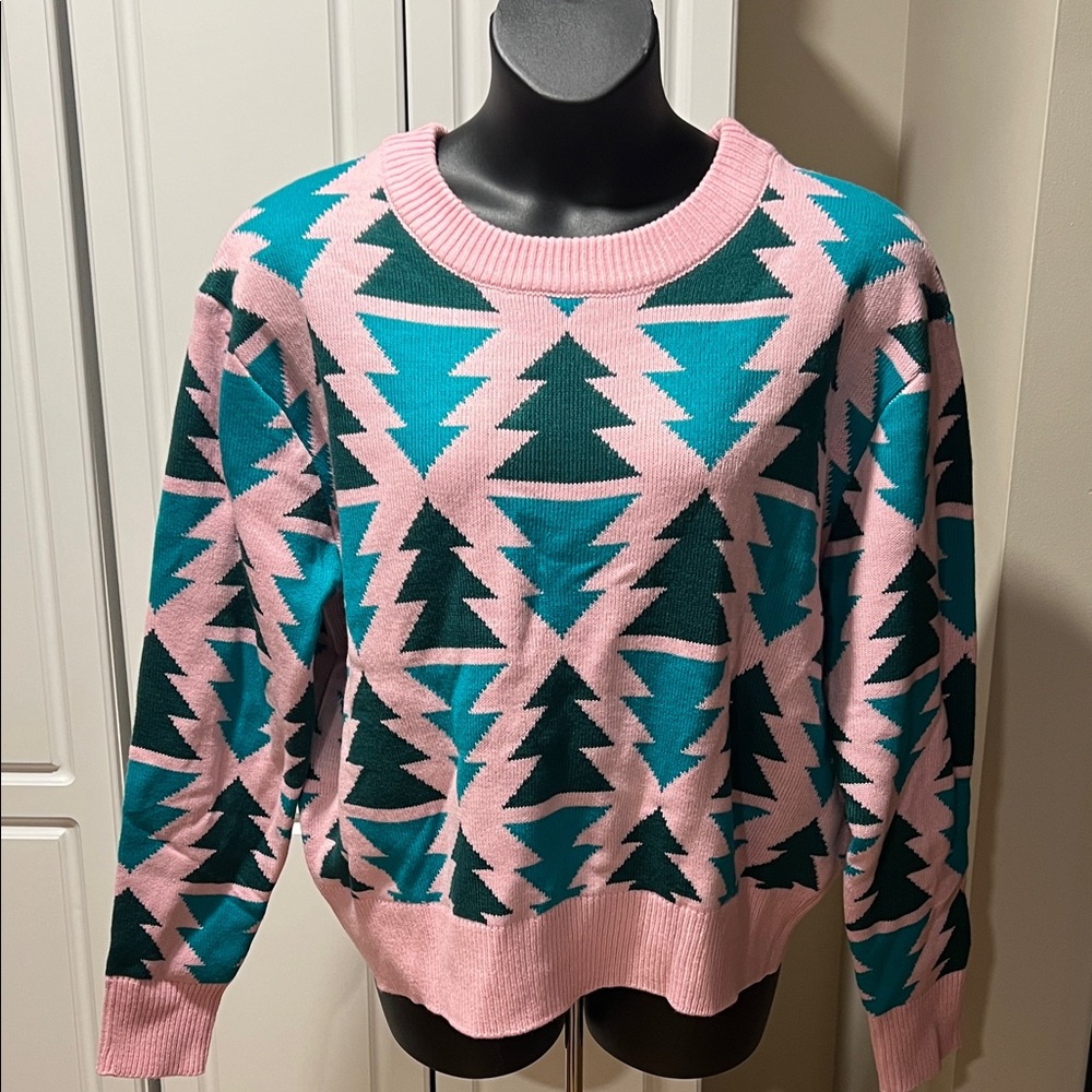 Grayson Threads Pink and Teal Tree Pattern Sweater
